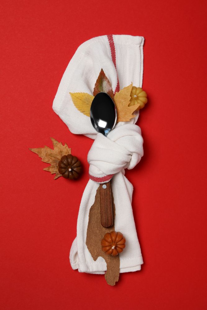 Concept of Thanksgiving day, Autumn table setting, top view