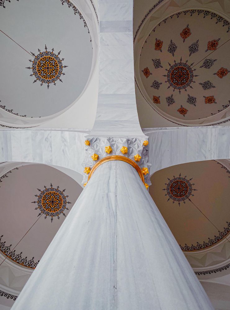 Looking directly up at four decorated ceiling in a mosque