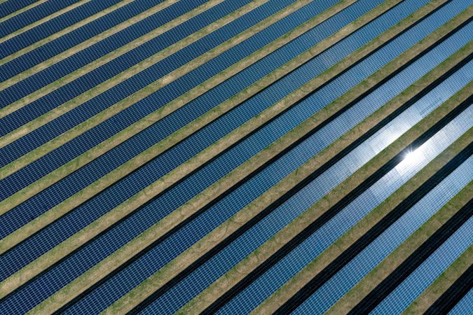 Solar panels farm in Germany, drone aerial view on a sunny day