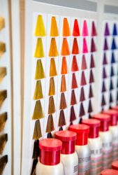 Colorful hair swatches on salon work