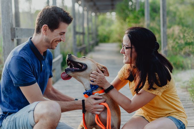 Happy adult couple playing with dog at countryside
