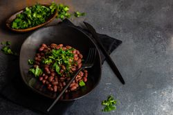 Traditional Georgian lobio dish in elegant modern bowl with copy space