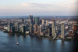 Urban Sunset Scenery with New York City. Historic and Modern Skyscrapers, New Building Under Construction. Aerial View of a Popular American Travel and Business Destination