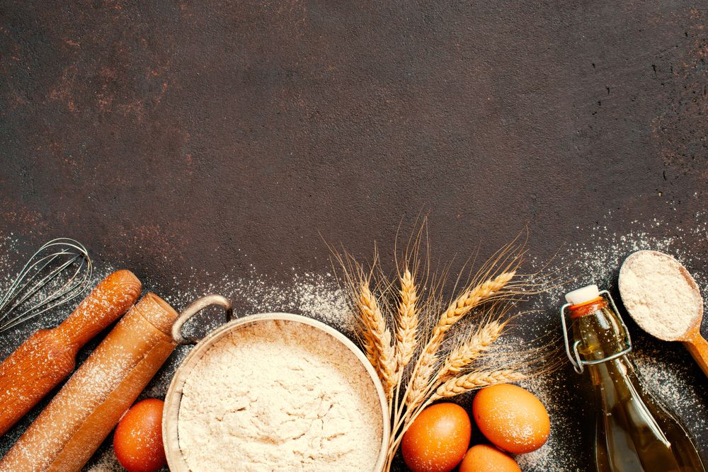 Ingredients for baking on counter with copy space