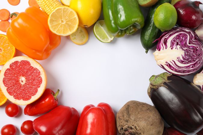 Flat lay with different vegetables and fruits on blank background, copy space