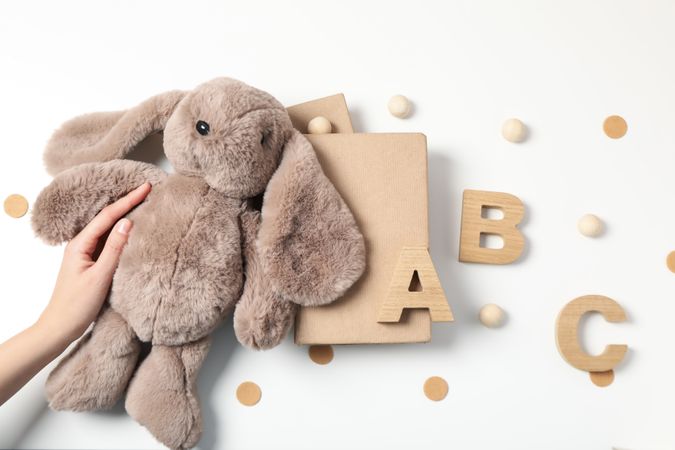 Concept of baby book or books for children, top view