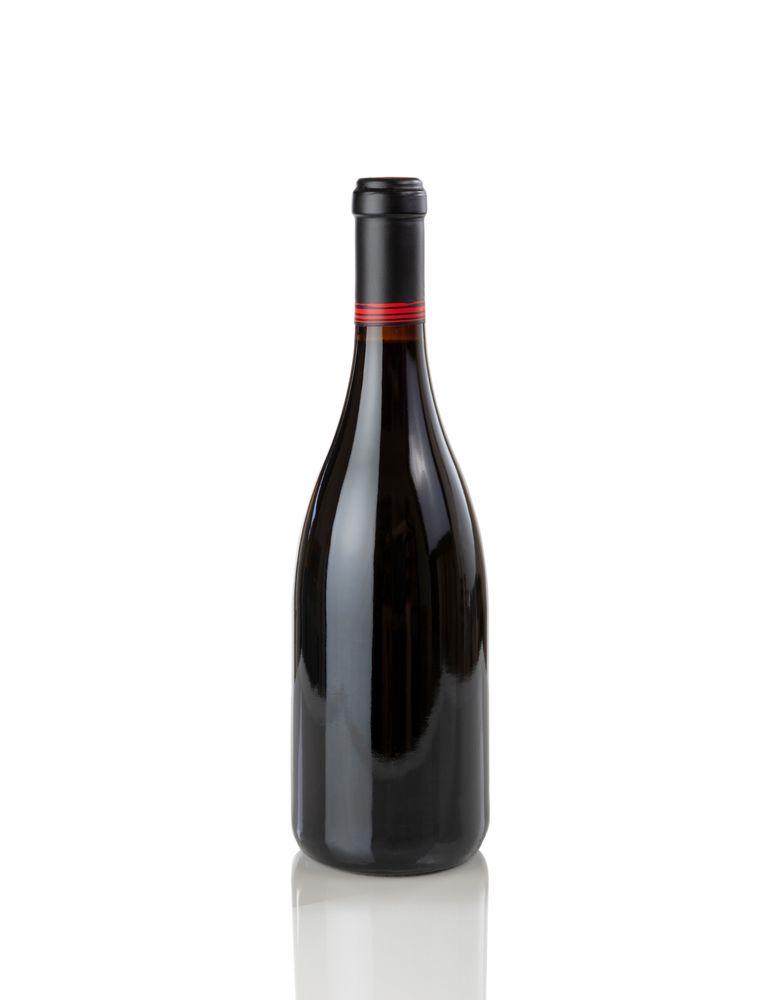New red wine bottle isolated on plain background with reflection