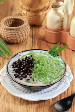 Red Bean Cendol Malaysian Dessert on Black Bowl