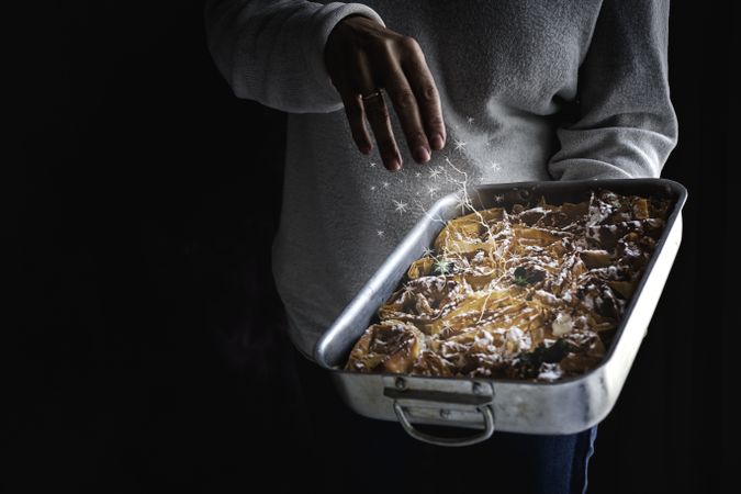 Filo dough with flower shape with hands of unrecognizable woman
