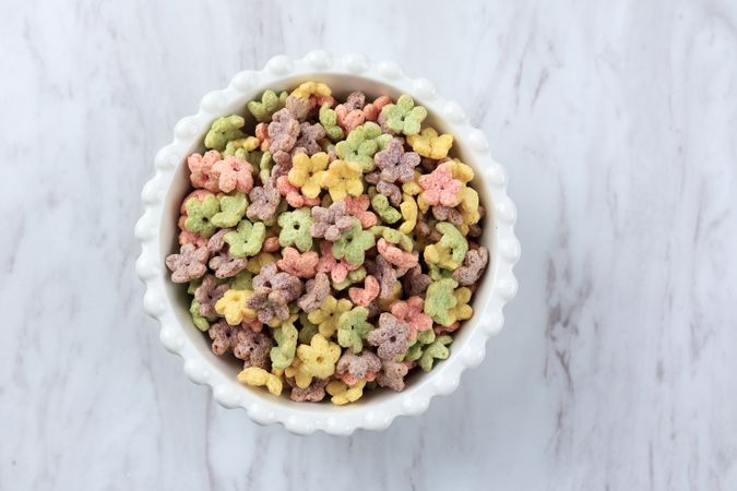 Top View Colorful Honey Stars Breakfast Cereal in Bowl.