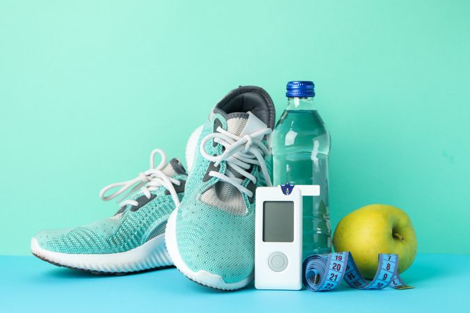 Concept of a healthy diabetic on mint background. Sports diabetic