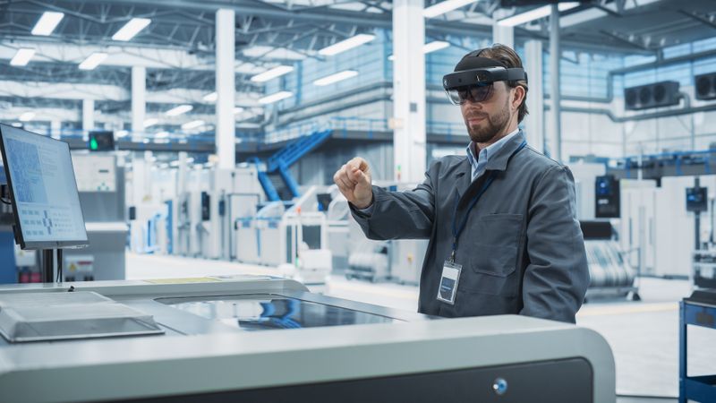 Male scientist doing research in laboratory in goggles