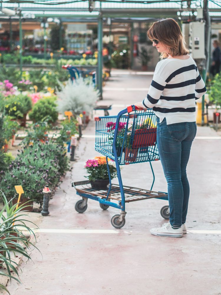 Female customer choosing flowers in greenhouse