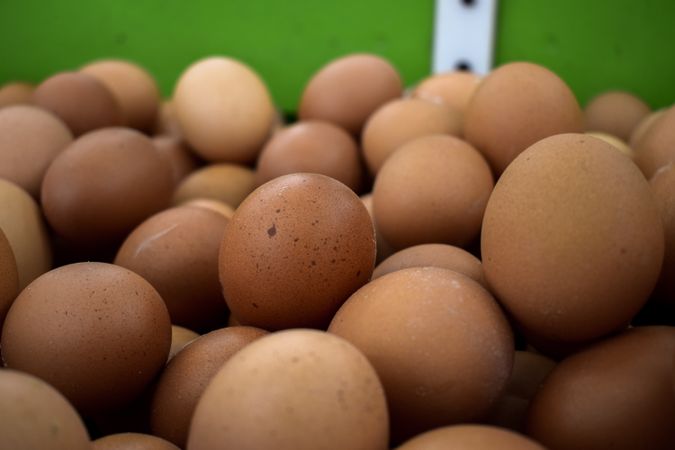 Close up of brown eggs for sale in market