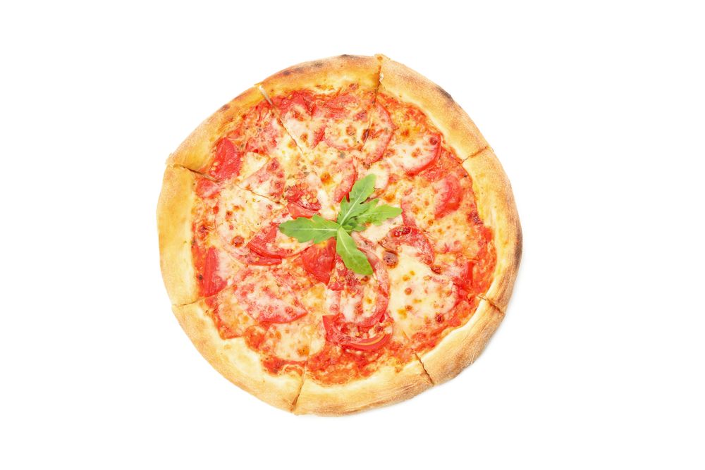 Tasty pizza with tomato isolated on neutral background