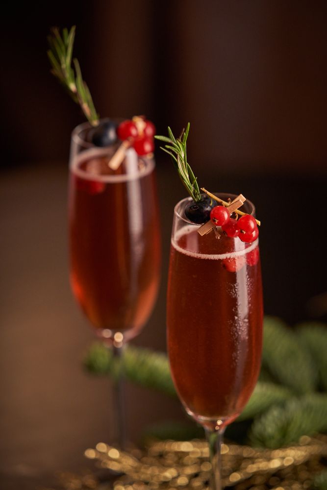 Champagne glasses on table during Christmas celebration