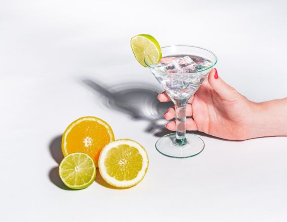 Cocktail glass with ice cubes and sliced citrus
