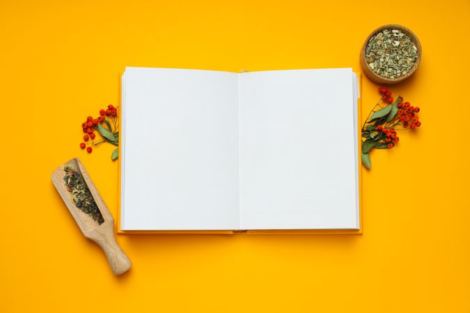 Alternative medicine: blank book and ingredients on yellow background