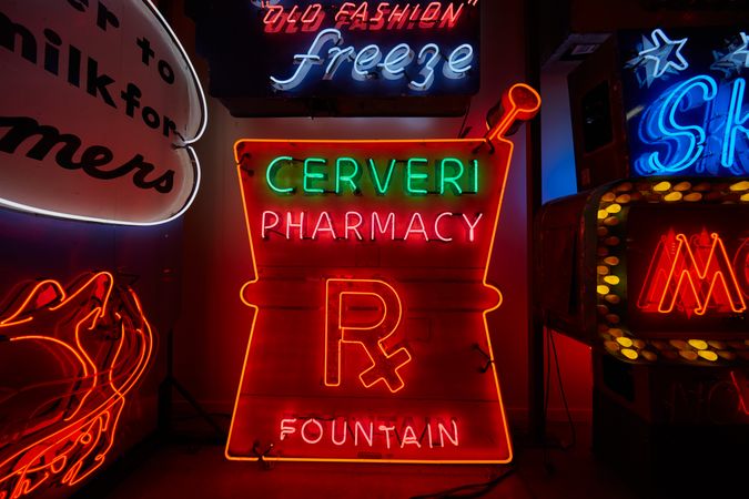 A classic outdoor neon sign advertising a pharmacy, Cincinnati, Ohio