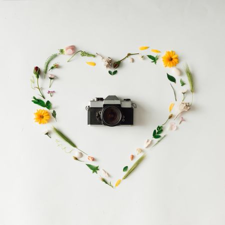 Heart shape made of yellow flowers and leaves with camera