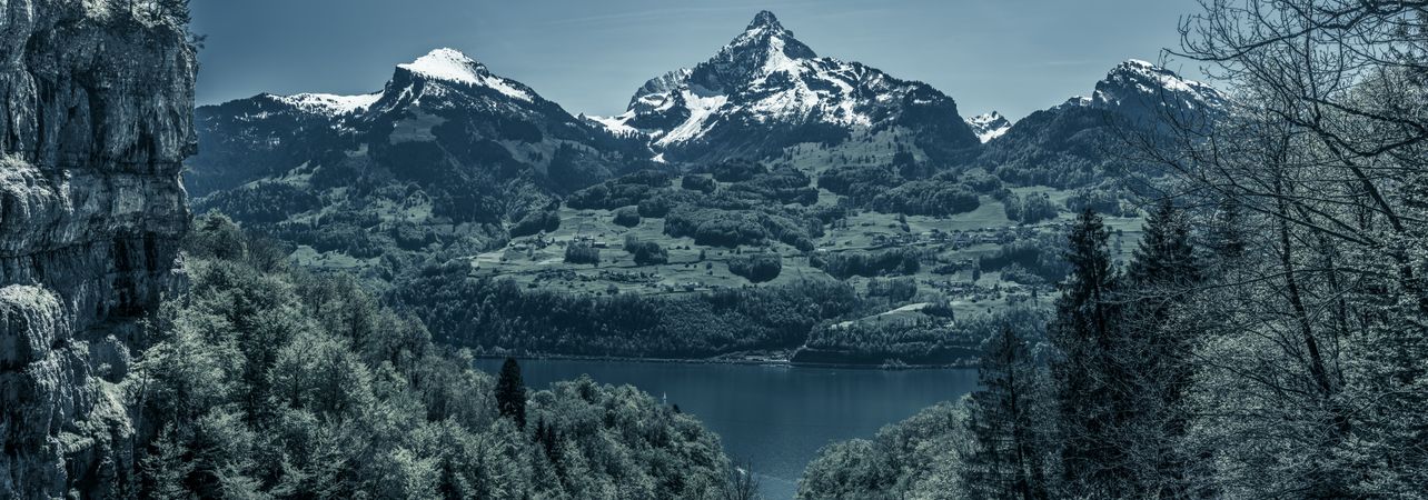 Gloomy panorama with the Swiss Alps peaks