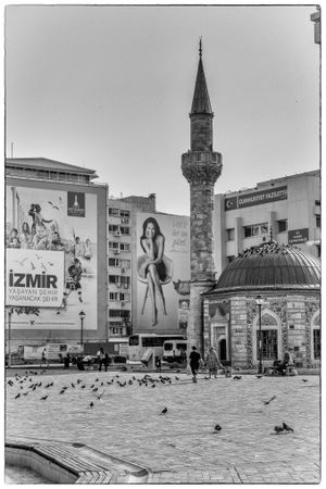 Monochrome shot of Izmir square in Turkey