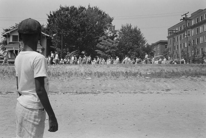 A group of people marching from Capitol to Central High, Little Rock, Arkansas, 1959