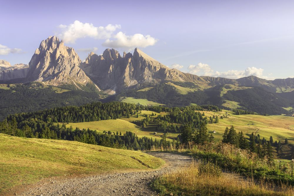 Alpe di Siusi or Seiser Alm, Sassolungo mountain and pathway, Dolomites Alps, Italy