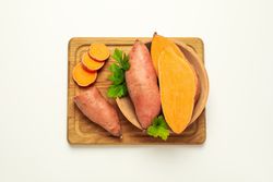Concept of vegetables, sweet potato, top view