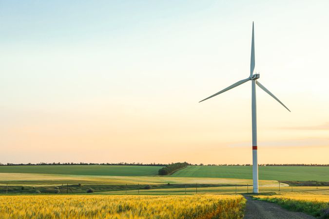 Wind turbine and beautiful fields at sunset, space for text
