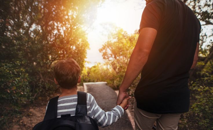 Little boy with man holding hands and walking on a path in park