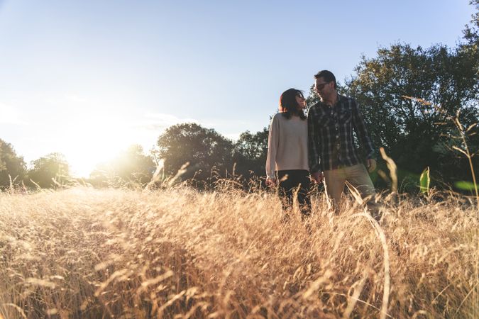 Loving couple walking in golden rural field