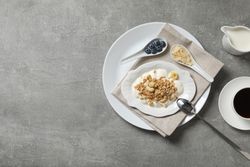 Muesli with yogurt, concept of tasty breakfast