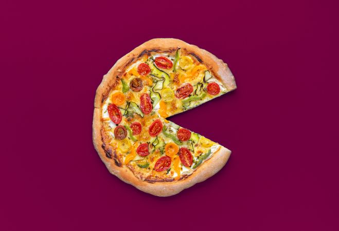 Vegetarian pizza above view minimalist on a magenta table