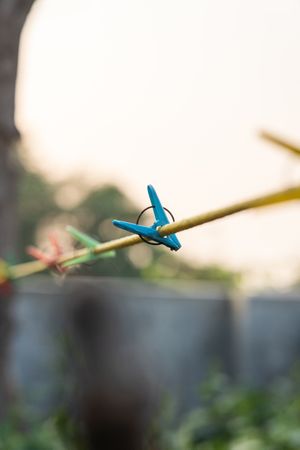 A single clothespin hanging on a clothesline