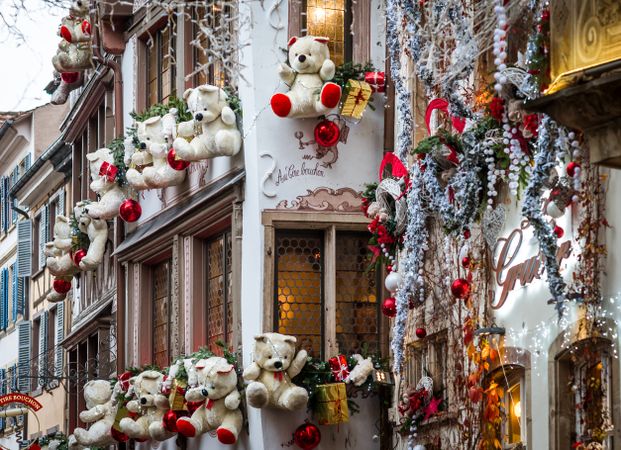 Outdoor Christmas decorations with teddy bears in Strasbourg, France