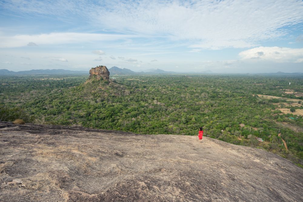 Tourist against solitary rock in middle of green forested plain under clear sky in summer