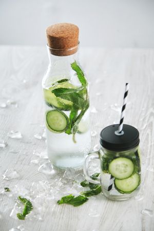 Cucumber mint drink in glass bottles