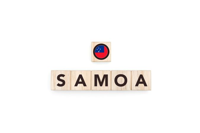 Wooden blocks bearing the name and flag of Samoa.