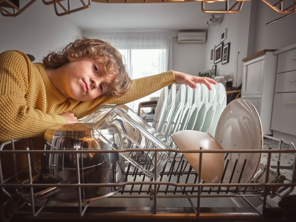 Boy leaning on dishwasher with dishware