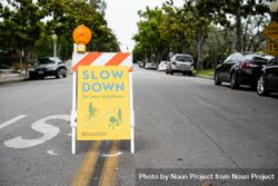 “Slow down” sign in street bYqy9b