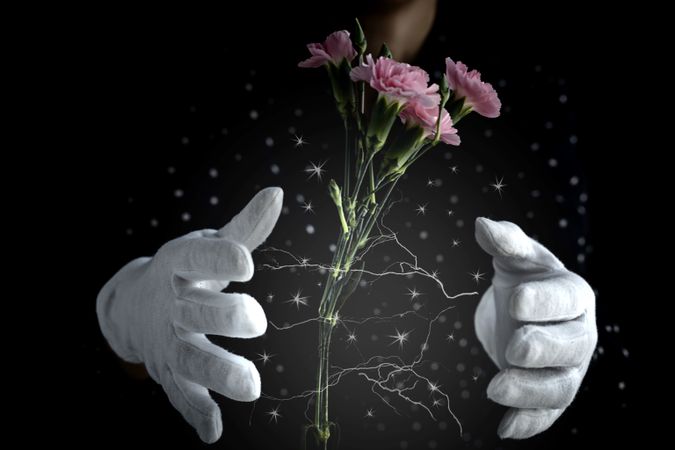 Hands of unrecognizable woman with a bouquet of carnations