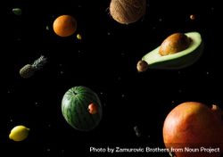 Space scene with fruits as stars and planets on dark background 49kjv0