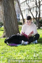 Young student sitting under tree with his notes 41lJXl