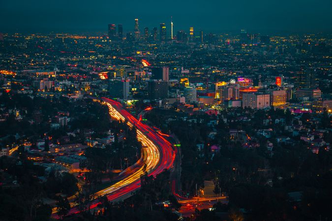 Long shot of car lights on highway of Los Angeles at night in California, United States