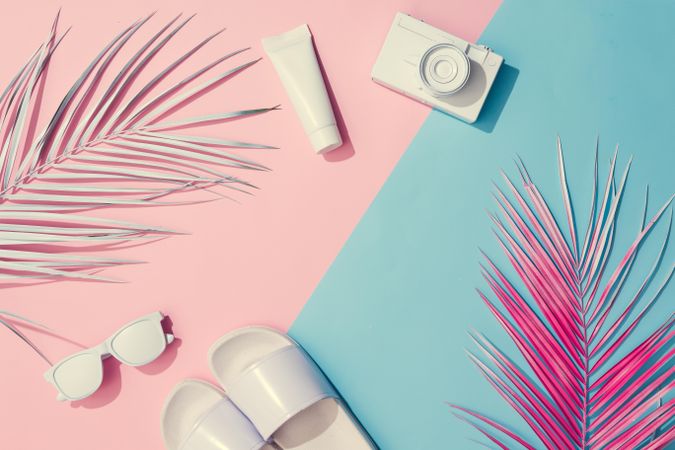 Tropical painted leaves and summer items on pink and blue background