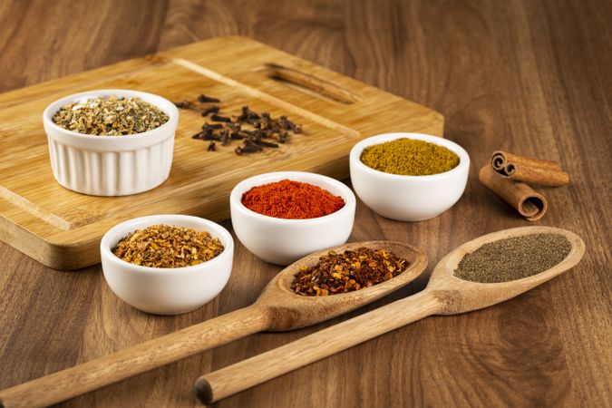 Variety of spices and seasonings on the table.