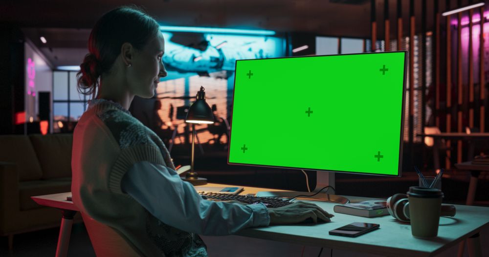 Over the Shoulder: Female Specialist Working on Computer with Chroma Key Display at Creative Agency. Young Woman Sitting at Her Desk Using Desktop Computer with Mock-up Green Screen