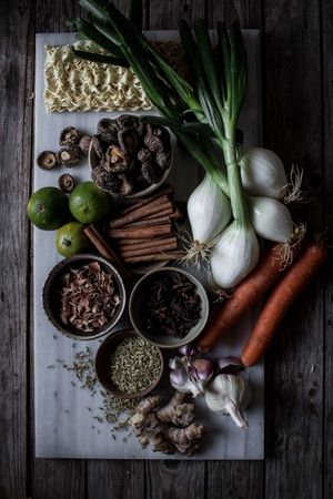 Cooking pans and ingredients for Pho soup