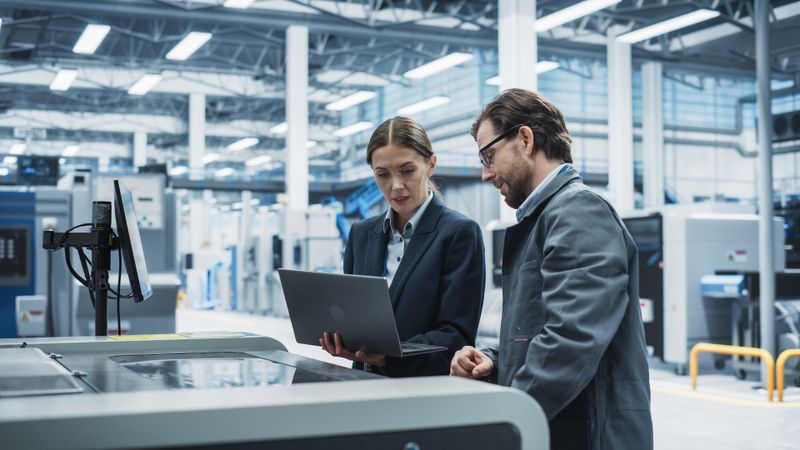 Woman and man looking at laptop at store check out